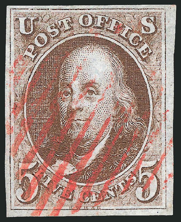 US Stamps Values Scott Cat. 1: 5c 1847 Franklin. Robert Siegel Auction Galleries, Jun 2011, Sale 1011, Lot 381