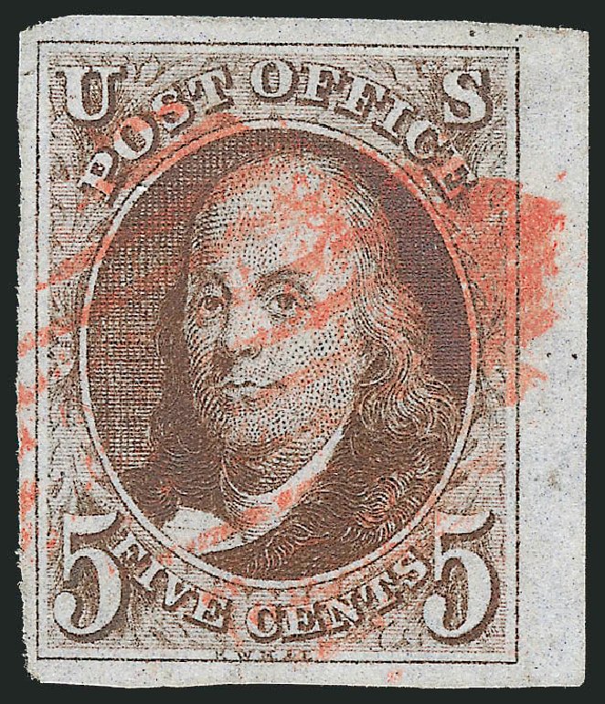 Costs of US Stamp Scott Cat. #1 - 1847 5c Franklin. Robert Siegel Auction Galleries, Dec 2011, Sale 1017, Lot 31