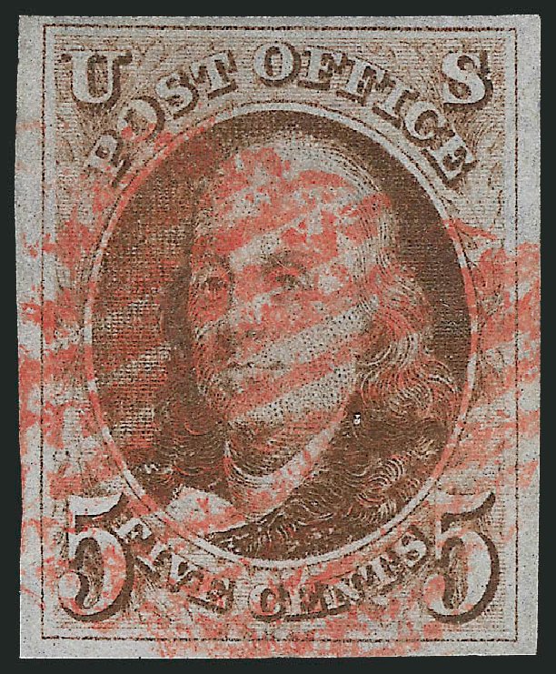 US Stamp Value Scott Catalog # 1: 1847 5c Franklin. Robert Siegel Auction Galleries, Dec 2011, Sale 1017, Lot 51
