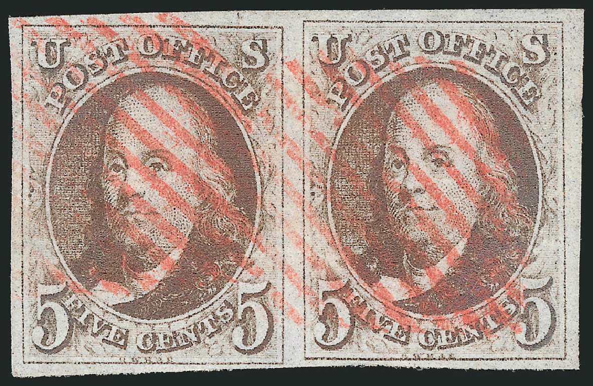 Values of US Stamp Scott Cat. #1: 5c 1847 Franklin. Robert Siegel Auction Galleries, Apr 2012, Sale 1023, Lot 2101