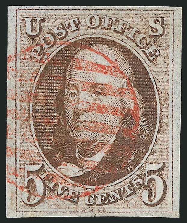 Cost of US Stamp Scott Catalog 1 - 1847 5c Franklin. Robert Siegel Auction Galleries, Jun 2012, Sale 1026, Lot 1111