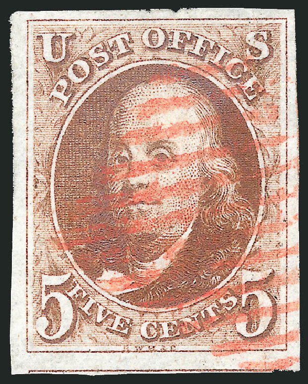 US Stamps Prices Scott Cat. 1: 1847 5c Franklin. Robert Siegel Auction Galleries, Sep 2014, Sale 1078, Lot 41