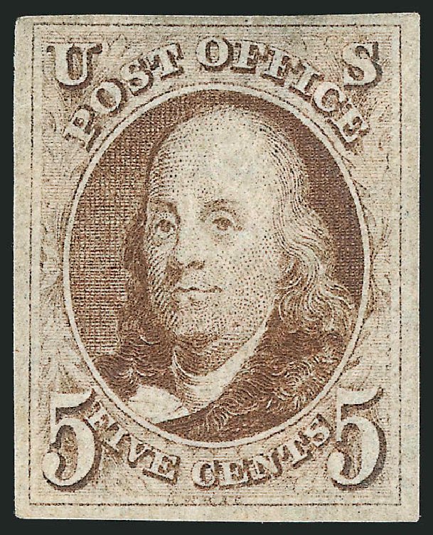 Cost of US Stamp Scott Cat. 1 - 1847 5c Franklin. Robert Siegel Auction Galleries, Apr 2015, Sale 1096, Lot 1