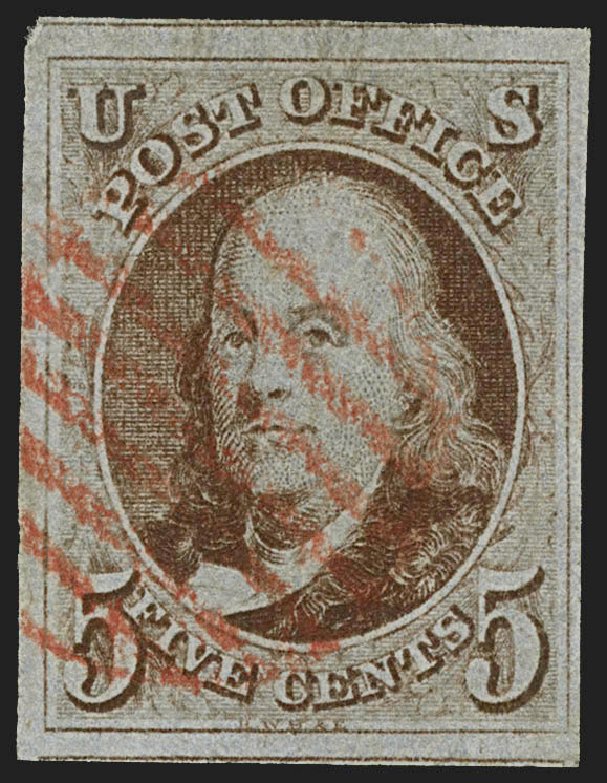 Costs of US Stamp Scott # 1 - 1847 5c Franklin. Robert Siegel Auction Galleries, Jul 2015, Sale 1107, Lot 11
