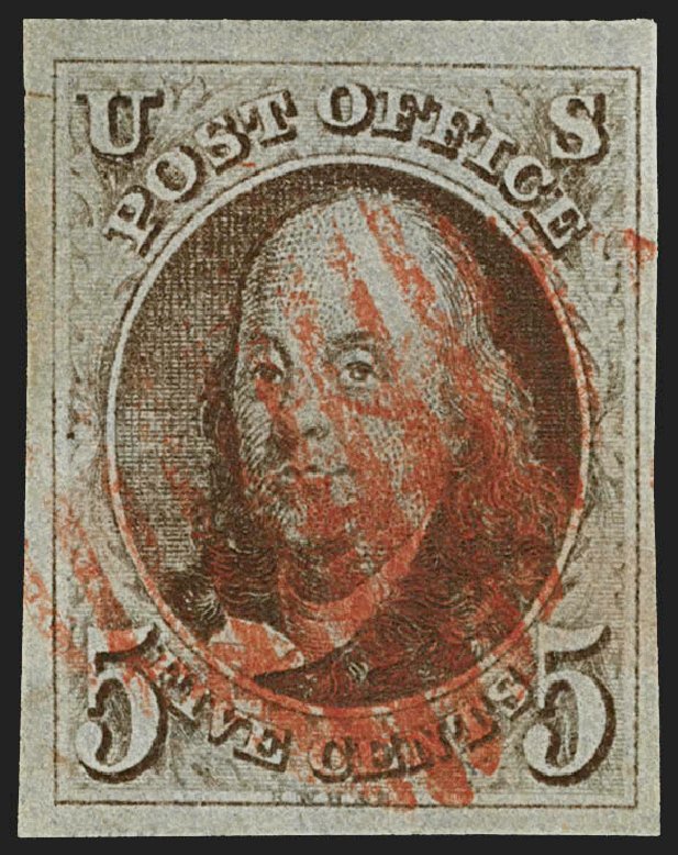 Value of US Stamps Scott Cat. #1 - 1847 5c Franklin. Robert Siegel Auction Galleries, Jul 2015, Sale 1107, Lot 21