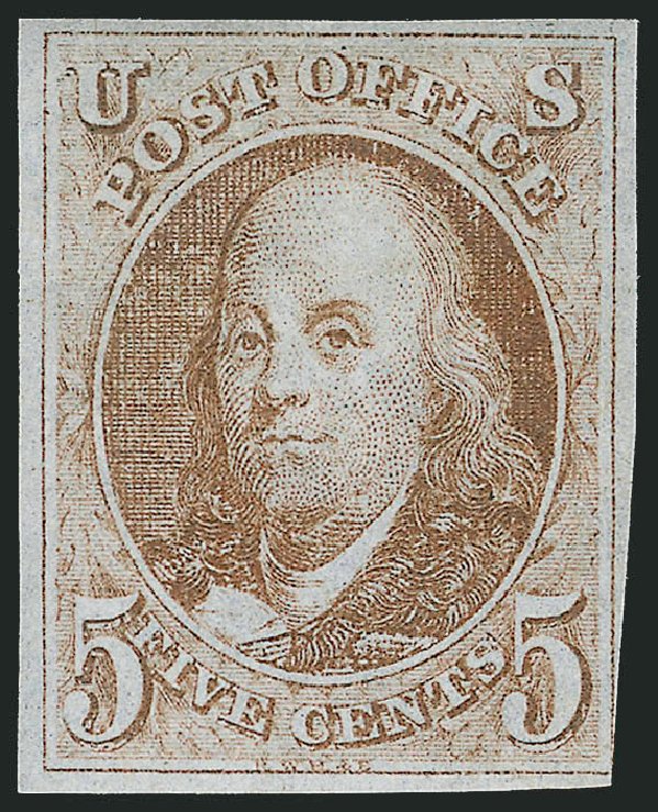 Value of US Stamp Scott Catalog #1: 1847 5c Franklin. Robert Siegel Auction Galleries, Oct 2008, Sale 963, Lot 11