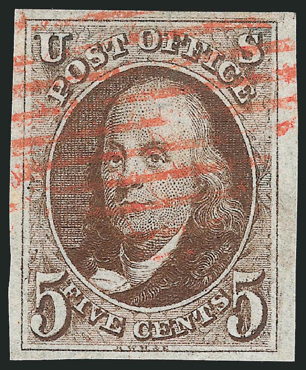 Value of US Stamp Scott Catalog # 1: 1847 5c Franklin. Robert Siegel Auction Galleries, Sep 2010, Sale 993, Lot 121