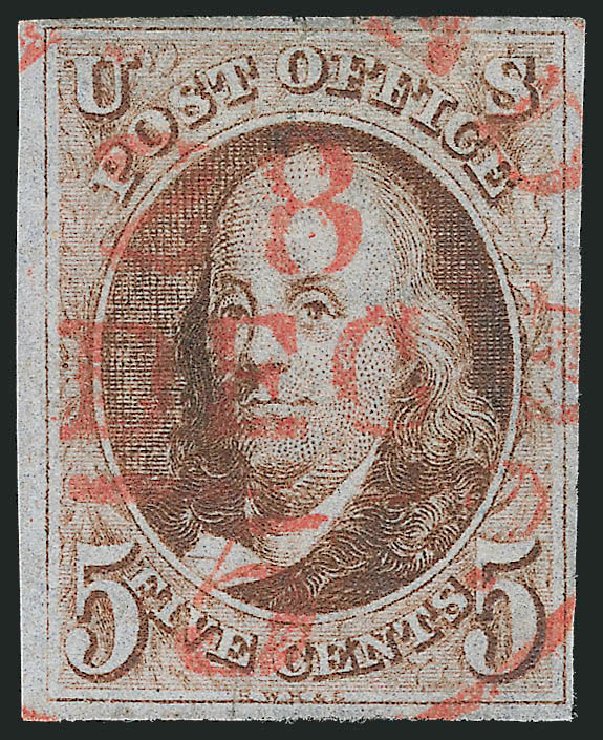 US Stamp Values Scott Catalogue # 1: 5c 1847 Franklin. Robert Siegel Auction Galleries, Oct 2010, Sale 997, Lot 5071