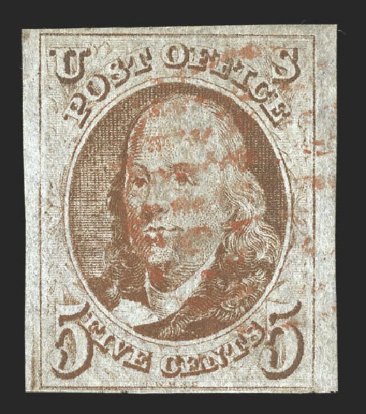 Costs of US Stamps Scott Catalog # 1 - 1847 5c Franklin. Spink Shreves Galleries, Jul 2012, Sale 140, Lot 21