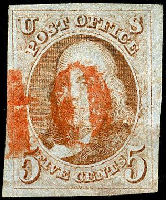 Value of US Stamp Scott Cat. #1 - 1847 5c Franklin. Matthew Bennett International, May 2008, Sale 327, Lot 4