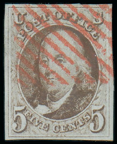 Cost of US Stamp Scott Catalog 1 - 1847 5c Franklin. Matthew Bennett International, Jun 2008, Sale 328, Lot 434