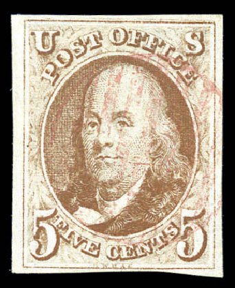 US Stamps Values Scott Catalog # 1: 5c 1847 Franklin. Matthew Bennett International, Sep 2010, Sale 331, Lot 304