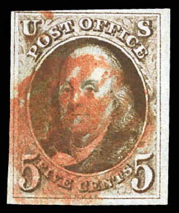 US Stamp Price Scott #1 - 5c 1847 Franklin. Matthew Bennett International, Mar 2011, Sale 337, Lot 2424