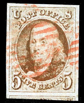 US Stamp Value Scott Catalogue # 1: 5c 1847 Franklin. Matthew Bennett International, Feb 2012, Sale 340, Lot 24