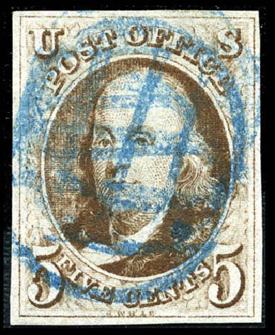 Prices of US Stamp Scott Catalog 1 - 1847 5c Franklin. Matthew Bennett International, Feb 2012, Sale 340, Lot 34
