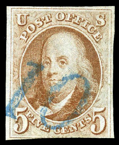US Stamps Prices Scott 1: 1847 5c Franklin. Matthew Bennett International, Mar 2012, Sale 344, Lot 4174