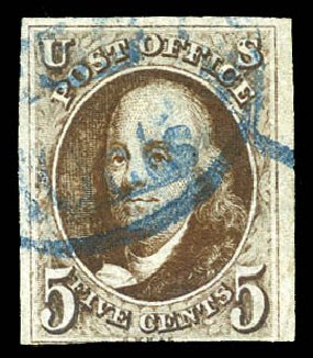 US Stamps Value Scott Catalog 1 - 5c 1847 Franklin. Matthew Bennett International, Mar 2012, Sale 344, Lot 4184