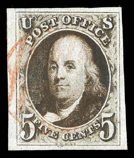 US Stamp Price Scott 1: 1847 5c Franklin. Matthew Bennett International, Sep 2012, Sale 345, Lot 4