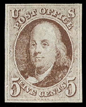 US Stamp Values Scott Catalog # 1: 1847 5c Franklin. Cherrystone Auctions, Nov 2009, Sale 200911, Lot 3004