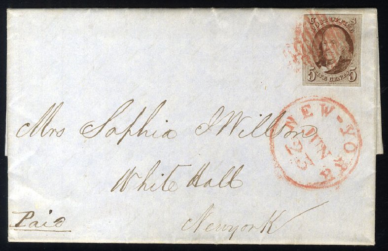 Cost of US Stamp Scott Cat. 1 - 1847 5c Franklin. Cherrystone Auctions, Jan 2015, Sale 201501, Lot 14