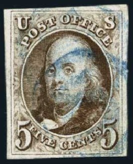 Prices of US Stamps Scott Catalogue #1: 1847 5c Franklin. Harmer-Schau Auction Galleries, Aug 2014, Sale 102, Lot 1594