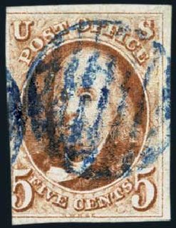 Values of US Stamps Scott # 1: 5c 1847 Franklin. Harmer-Schau Auction Galleries, Nov 2014, Sale 103, Lot 84