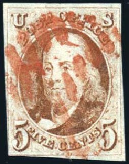 US Stamp Value Scott Cat. 1 - 5c 1847 Franklin. Harmer-Schau Auction Galleries, Jun 2008, Sale 78, Lot 1224