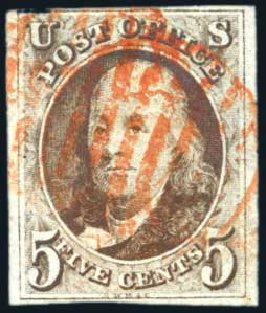 Values of US Stamps Scott Cat. # 1: 5c 1847 Franklin. Harmer-Schau Auction Galleries, Feb 2009, Sale 80, Lot 1074