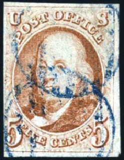 US Stamp Values Scott Cat. #1 - 5c 1847 Franklin. Harmer-Schau Auction Galleries, Oct 2009, Sale 83, Lot 264