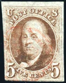 US Stamps Values Scott #1: 5c 1847 Franklin. Harmer-Schau Auction Galleries, Feb 2010, Sale 84, Lot 1214