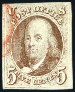 Values of US Stamps Scott #1: 5c 1847 Franklin. Harmer-Schau Auction Galleries, Aug 2011, Sale 90, Lot 1034