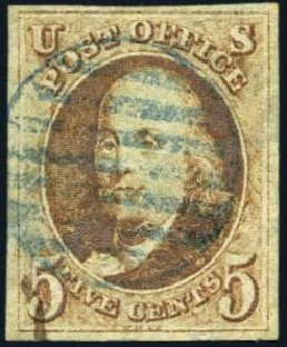 Prices of US Stamp Scott Cat. # 1: 1847 5c Franklin. Harmer-Schau Auction Galleries, Jan 2013, Sale 96, Lot 374