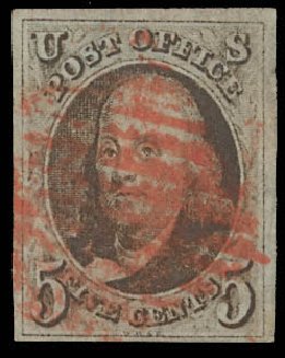 Price of US Stamps Scott 1 - 1847 5c Franklin. Daniel Kelleher Auctions, Jun 2012, Sale 630, Lot 1194