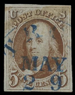US Stamps Values Scott Cat. 1 - 1847 5c Franklin. Daniel Kelleher Auctions, Aug 2012, Sale 631, Lot 644