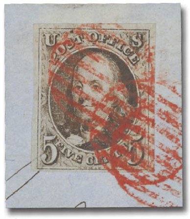US Stamp Price Scott Cat. #1 - 1847 5c Franklin. Daniel Kelleher Auctions, Oct 2012, Sale 632, Lot 914
