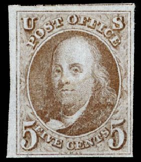 Costs of US Stamp Scott Cat. 1 - 5c 1847 Franklin. Daniel Kelleher Auctions, Dec 2012, Sale 633, Lot 344