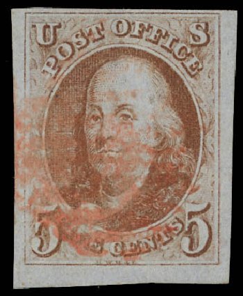 US Stamp Values Scott Catalog # 1 - 1847 5c Franklin. Daniel Kelleher Auctions, Feb 2013, Sale 634, Lot 504