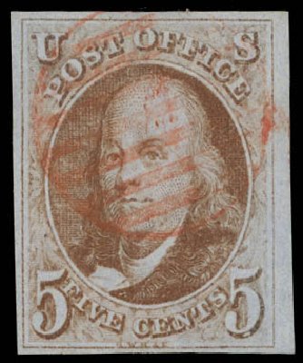 Value of US Stamps Scott Catalog 1 - 5c 1847 Franklin. Daniel Kelleher Auctions, Feb 2013, Sale 634, Lot 514