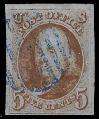 Values of US Stamps Scott Catalogue # 1: 5c 1847 Franklin. Daniel Kelleher Auctions, Feb 2013, Sale 634, Lot 524