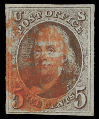 Values of US Stamp Scott Catalog 1 - 5c 1847 Franklin. Daniel Kelleher Auctions, Feb 2013, Sale 634, Lot 544