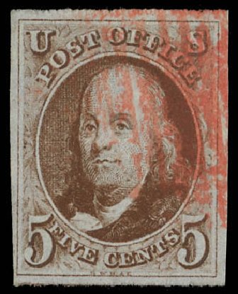 Value of US Stamp Scott #1 - 5c 1847 Franklin. Daniel Kelleher Auctions, Feb 2013, Sale 634, Lot 554