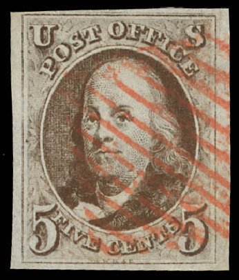 US Stamps Price Scott Catalog #1: 5c 1847 Franklin. Daniel Kelleher Auctions, Feb 2013, Sale 634, Lot 614
