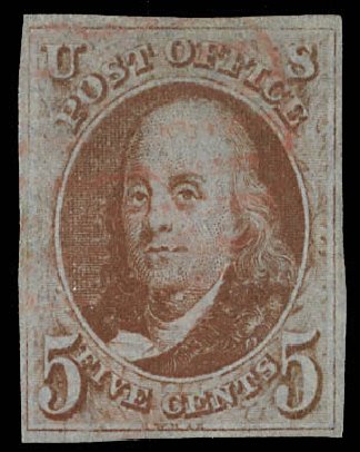 US Stamps Value Scott #1 - 5c 1847 Franklin. Daniel Kelleher Auctions, Feb 2013, Sale 634, Lot 624