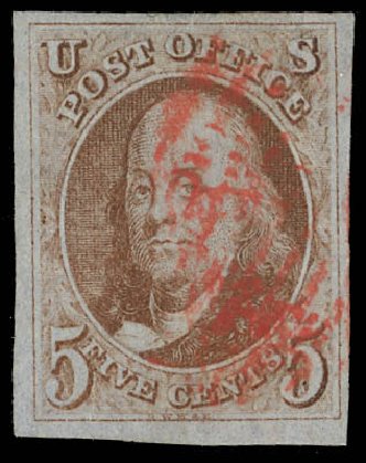 US Stamp Price Scott Catalog #1 - 1847 5c Franklin. Daniel Kelleher Auctions, Feb 2013, Sale 634, Lot 704