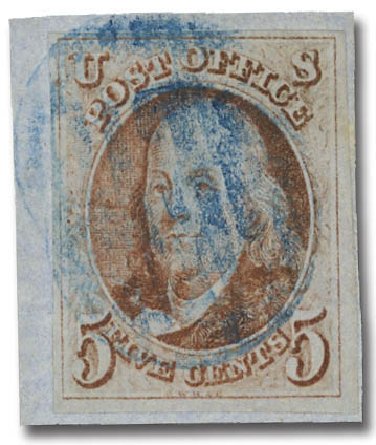 US Stamps Values Scott Catalogue 1: 5c 1847 Franklin. Daniel Kelleher Auctions, Feb 2013, Sale 634, Lot 714