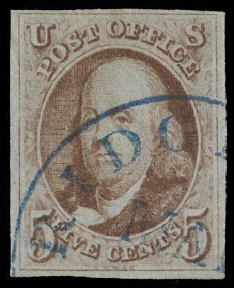 US Stamp Values Scott Catalogue # 1: 5c 1847 Franklin. Daniel Kelleher Auctions, Feb 2013, Sale 634, Lot 724