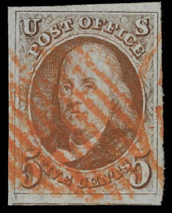 Prices of US Stamps Scott Cat. # 1: 5c 1847 Franklin. Daniel Kelleher Auctions, Feb 2013, Sale 634, Lot 784