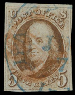 Value of US Stamp Scott Catalogue #1 - 5c 1847 Franklin. Daniel Kelleher Auctions, Sep 2013, Sale 639, Lot 3054