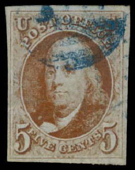 Cost of US Stamps Scott Catalogue #1 - 1847 5c Franklin. Daniel Kelleher Auctions, Sep 2013, Sale 639, Lot 3074