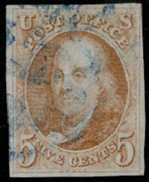 Cost of US Stamps Scott Cat. 1 - 5c 1847 Franklin. Daniel Kelleher Auctions, May 2014, Sale 652, Lot 34